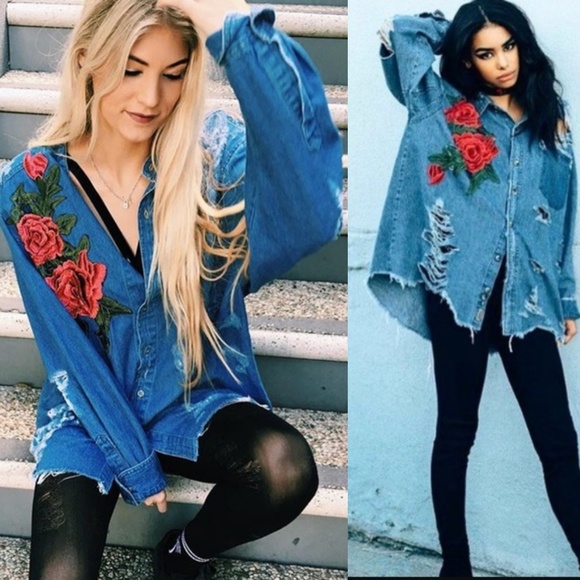 LF Tops - LF Furst Of A Kind Rose Embroidery Chambray HW7163